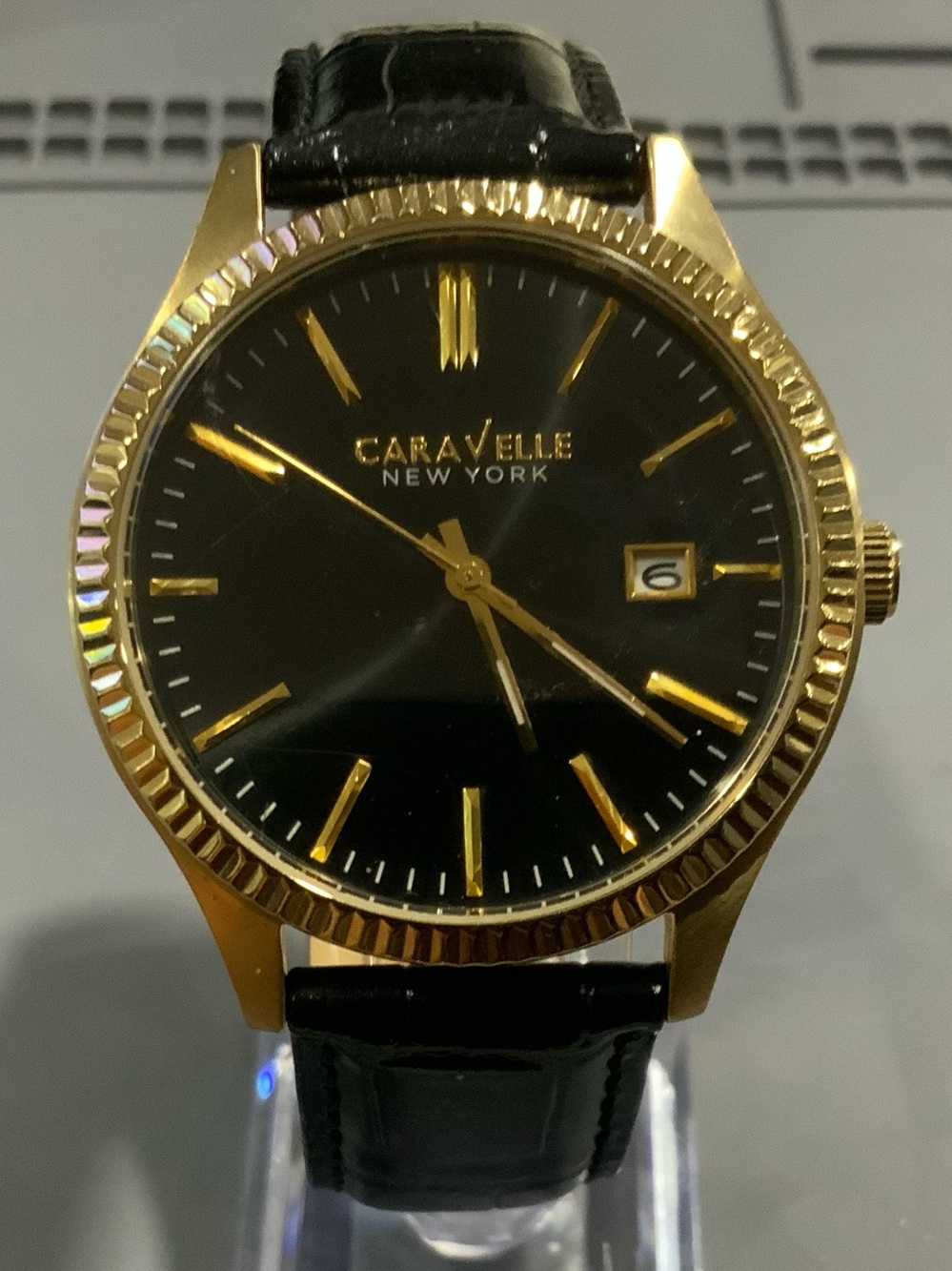 Caravelle by Bulova Men's Gold Case Black Dial Leather Strap Watch
